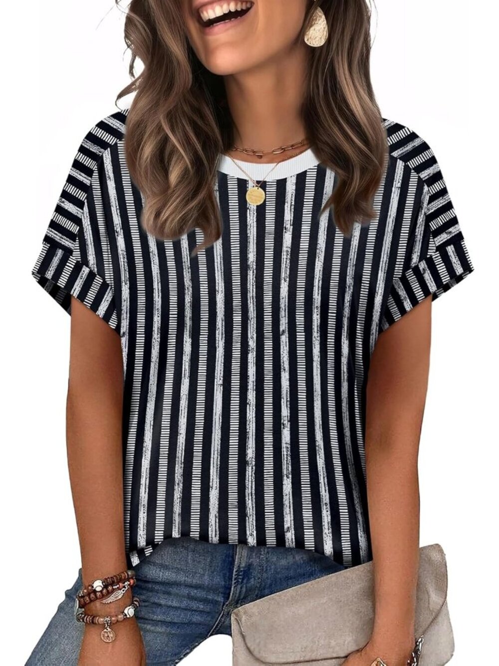 Women's Black Stripes Summer Outfits Cloth Pull On Top Short Sleeve Casual Shirt